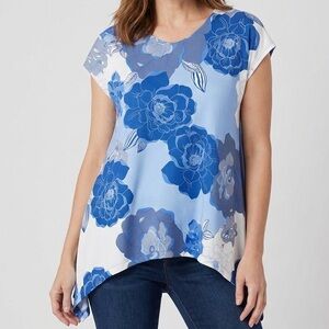 Floral Mixed Media Chico's Blue Knit Sharkbite Tunic Top 0/4